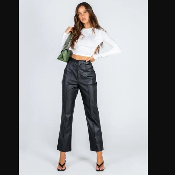 Princess Polly Encore Black Faux Leather High Rise Straight Leg Pants 6 - Picture 3 of 14